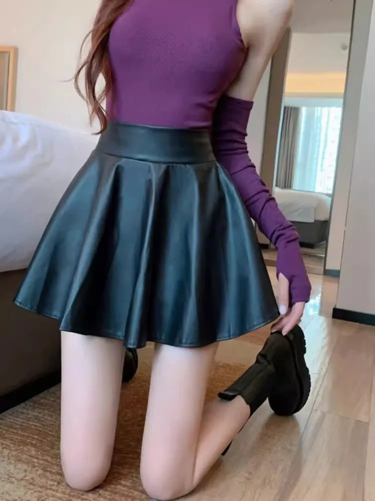 Vintage hoge taille geplooide leren rok