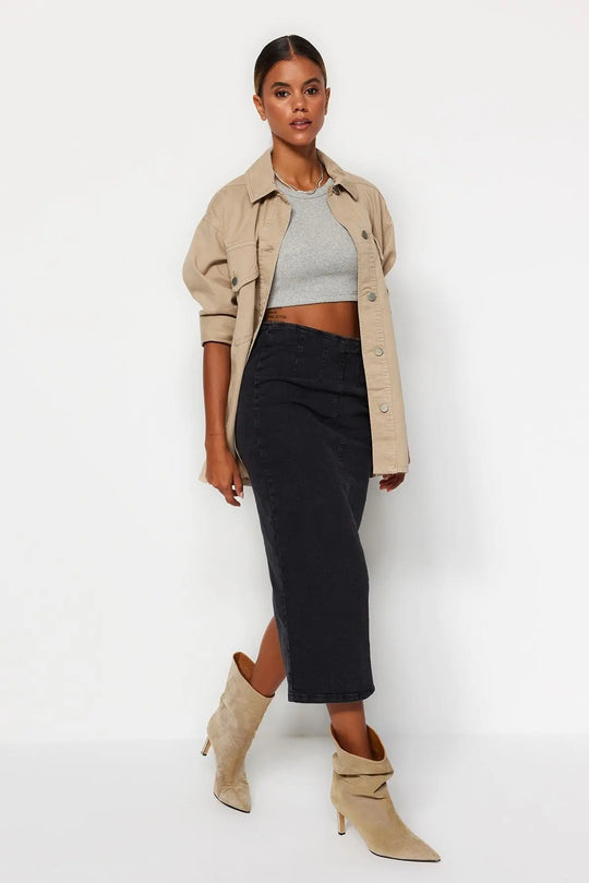 Dames Midi Koker Denim Rok