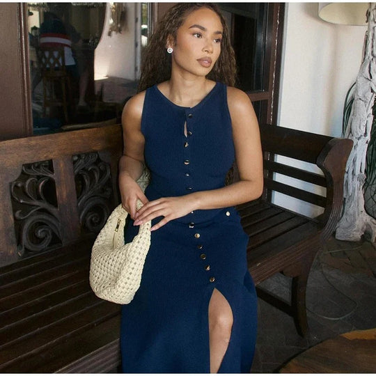 Dames gebreide mouwloze bodycon jurk met knopen