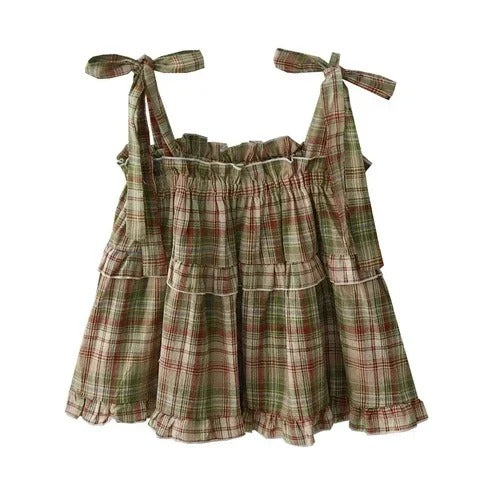 Dames geruite crop tanktop met vetersluiting