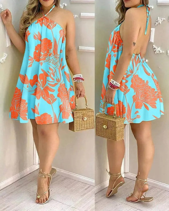 Dames tropische print halter rugloze zomerjurk